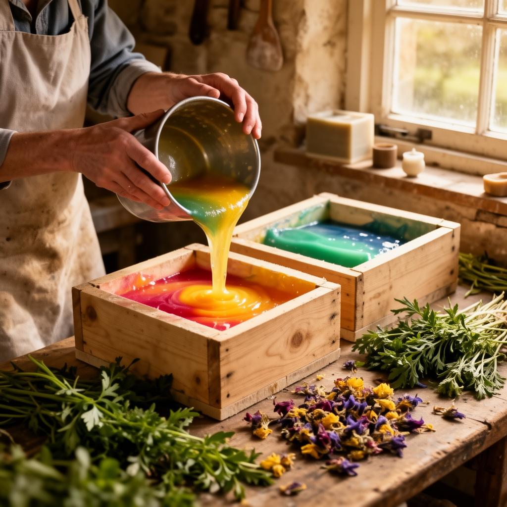 An artisan pouring colourful soap into wooden moulds in a sunlit cottage workshop